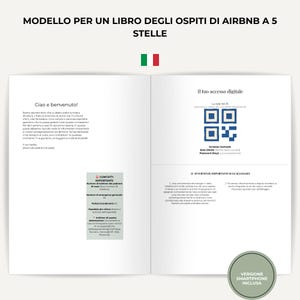 以下が含まれることがあります： イタリア語のテキストが記載された5つ星Airbnbゲストブックのデジタルテンプレート。開いた小冊子には、ウェルカムメッセージ、Wi-Fiアクセス用のQRコード、緊急連絡先情報、重要なハウスルールが白い背景に表示されています。