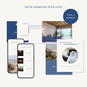 Könnte beinhalten: Ein Marketing-Kit für Ferienunterkünfte mit 15 Vorlagen. Die Sammlung umfasst digitale Anzeigen auf zwei Smartphones und gedruckte Karten mit Fotos von Innenräumen, Küstenlandschaften und dem Text KIT DE MARKETING POUR GÎTES.