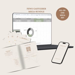 May include: A digital product bundle titled FEWO GASTGEBER MEGA-BUNDLE and ALL-IN-ONE MEGA SET, featuring a laptop displaying a spreadsheet with financial data and a pie chart, a smartphone, and several printed documents with text and QR codes.