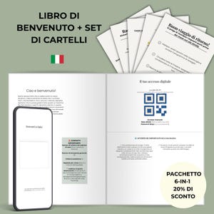 May include: A welcome book and sign set for guests featuring printed Italian text, a digital access page with a QR code for Wi-Fi, emergency contact information, and house rules. The set includes multiple white paper sheets and a smartphone display.