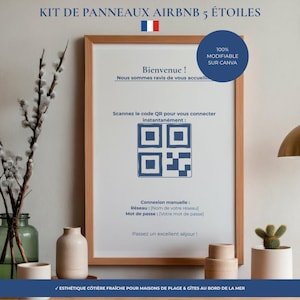 Könnte beinhalten: Ein vertikaler Holzrahmen mit einem weißen Schild, blauem Text und einem QR-Code. Der Text lautet Bienvenue, Scannez le code QR pour vous connecter instantanément und Connexion manuelle. Ein blaues rundes Abzeichen zeigt 100% MODIFIABLE SUR CANVA.