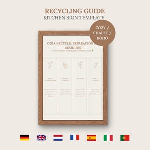 Può includere: Una cornice rettangolare in legno contenente un modello di cartello da cucina per la guida al riciclaggio. Il cartello presenta il testo RECYCLING GUIDE KITCHEN SIGN TEMPLATE e una tabella di separazione dei rifiuti in spagnolo con quattro colonne, ciascuna contrassegnata da un disegno botanico.
