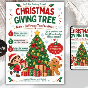 May include: A Christmas Giving Tree flyer featuring a decorated pine tree, a child holding a gift, and a gingerbread man. The text reads North Pine Academy Presents Christmas Giving Tree, Make a Difference This Christmas, and Return By December 12.