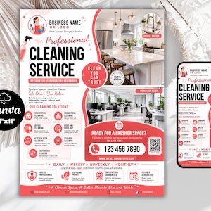 May include: A professional cleaning service flyer template measuring 8.5 by 11 inches, featuring a white and coral color scheme, text detailing residential and commercial cleaning solutions, a QR code, and a phone number 123 456 7890.
