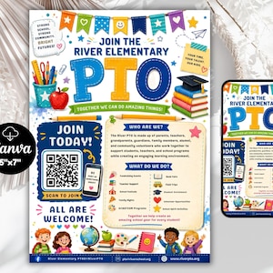 May include: A 5x7 inch flyer for the River Elementary PTO featuring colorful school-themed graphics, a QR code for joining, and sections detailing the organization's purpose, activities, and volunteer opportunities with illustrations of children.
