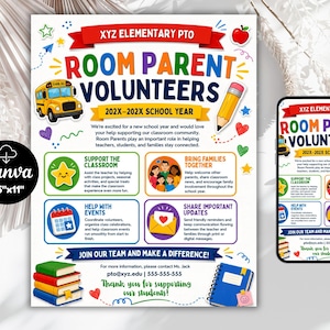 Puede incluir: Un folleto para voluntarios de padres de la escuela primaria XYZ para el año escolar 202X-202X. El diseño presenta un autobús escolar amarillo, un lápiz, una pila de libros y un cuaderno azul, con secciones para apoyo en el aula y eventos.