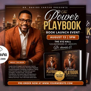May include: A promotional flyer for The Power Playbook book launch event by Dr. Davids Carter. It features a man in a rust-coloured blazer, event details for August 13 at 5PM at The XYZ Hall, and images of the book cover with a gold exclusive release seal.