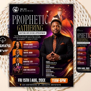 May include: A flyer and mobile phone display for The XYZ Ministries Prophetic Gathering event. The design features a man in a black suit, event details, speaker names including Sarah Jack and David Jhon, and the date Friday 15th August 20XX.