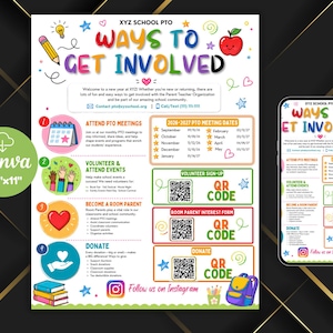 Op de afbeelding: Een digitale flyer getiteld Ways to Get Involved voor de XYZ School PTO, met kleurrijke iconen, een vergaderschema voor 2026-2027, drie QR-codes voor aanmeldingen en een Instagram-icoon. De flyer toont een label van 21,6 cm bij 27,9 cm.