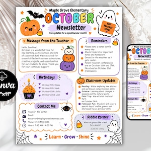 May include: A Maple Grove Elementary October newsletter template measuring 8.5 inches by 11 inches, featuring colorful Halloween graphics like pumpkins, a ghost, a bat, and a spider. The layout includes sections for teacher messages, reminders, birthdays, classroom updates, contact info, and a riddle corner.