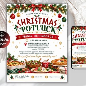 May include: A Christmas potluck flyer measuring 8.5 inches by 11 inches, featuring festive greenery, red ornaments, and text announcing a party on Friday, December 22 at 11:30 AM in Conference Room A, with a smartphone displaying the same design.
