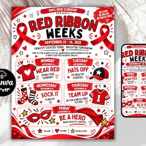 May include: A flyer for Maple Grove Elementary Red Ribbon Weeks, September 22-26, 2025, featuring a red and white color scheme. It lists daily themes: Wear Red, Hats Off, Sock It, Team Up, and Be a Hero. Includes a smartphone displaying the same flyer.