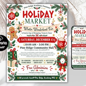 May include: A flyer for a Pine Ridge Academy Holiday Market Winter Wonderland Fair on Saturday, December 13, from 10:00 AM to 3:00 PM at Pine Ridge Community Hall, featuring illustrations of ornaments, a gingerbread man, gifts, and a wreath.