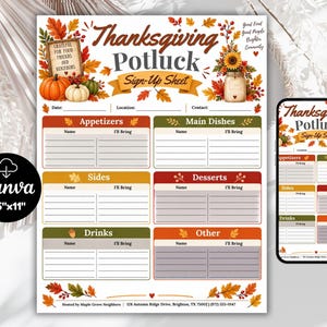 Plantillas personalizables para inscribirse en comidas compartidas para festivales de otoño, plantillas para inscribirse en comidas compartidas de Acción de Gracias para eventos comunitarios, religiosos y escolares, PDF editable