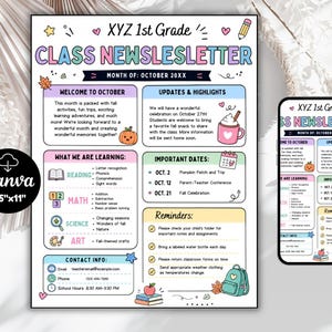 Könnte beinhalten: Eine digitale 21,6 cm mal 27,9 cm große Klassennachrichten-Vorlage mit dem Titel XYZ 1st Grade Class Newsletter für Oktober. Das Layout enthält pastellfarbene Abschnitte für Begrüßungen, Lernziele, wichtige Termine und Kontaktinfos.
