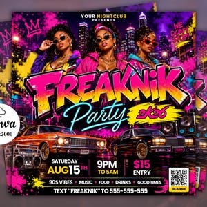 Freaknik Block Party Flyer Template, Summer Pool Mansion Invite (Canva Editable)