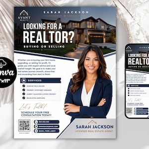 May include: A real estate flyer template measuring 8.5 inches by 11 inches featuring the text Looking for a Realtor? Buying or Selling, a photo of a house, a professional headshot, service list, contact details, and a QR code for scanning.