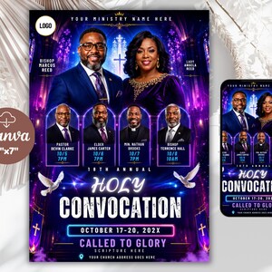 Puede incluir: Una plantilla de folleto de 13x18 cm para una 18.ª Convocación Santa anual titulada Called to Glory. El diseño presenta retratos de líderes de la iglesia, fechas, horarios y palomas blancas sobre un fondo azul y morado con arquitectura.