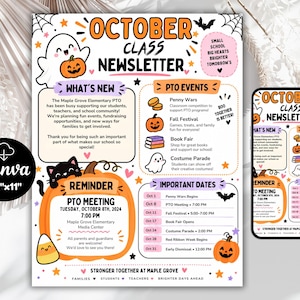 Może przedstawiać: Szablon październikowego biuletynu szkolnego z ilustracjami o tematyce Halloween, takimi jak duch, czarny kot, dynie i cukierki. Dokument zawiera sekcje dotyczące wydarzeń, przypomnień i ważnych dat wraz z tekstem o zajęciach szkolnych.