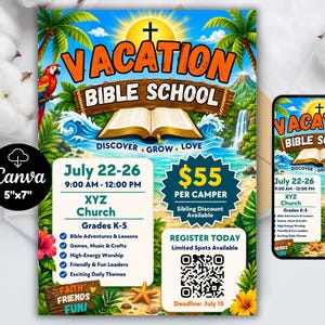 Op de afbeelding: Een 5x7 inch Vacation Bible School flyer met een tropisch strandtafereel, een papegaai, een open boek en een kruis. De tekst bevat de data 22-26 juli, 9:00-12:00 uur, XYZ Church, groepen K-5 en een QR-code voor registratie.