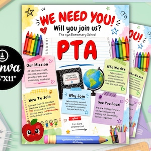 May include: A flyer for the xyz Elementary School PTA featuring the text WE NEED YOU! Will you join us? The design includes colourful crayon illustrations, a globe, a red apple, and sticky notes with text on a white background measuring 21.6cm x 27.9cm.
