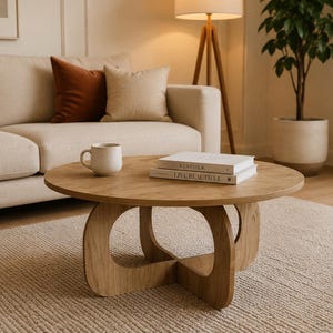 May include: A round light-toned wooden coffee table with a cross-shaped base. On the tabletop sits a white ceramic mug and two stacked books with the titles Kinfolk and Live Beautifully printed on the white spines in black lettering.