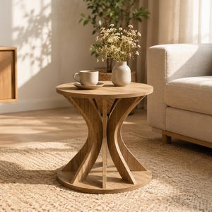 May include: A round wooden side table featuring a flat circular top supported by a central base composed of four curved, symmetrical legs that connect to a circular bottom platform. The table has a light brown wood grain finish throughout.