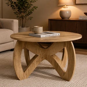 May include: A round coffee table made of light-toned wood with a visible grain pattern. The table features a unique base design consisting of two intersecting curved wooden supports that form an X-shape, providing a stable foundation for the top.
