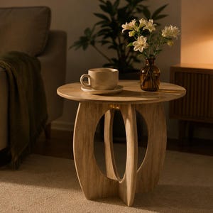 Puede incluir: Una mesa auxiliar redonda de madera clara con una base de pedestal que presenta dos paneles curvos que se cruzan. Sobre la mesa hay una taza de cerámica con su plato y un pequeño jarrón de vidrio ámbar con un ramo de flores blancas.