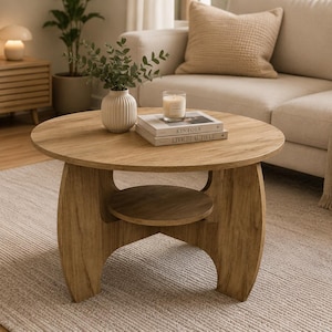 Könnte beinhalten: Ein runder Couchtisch aus Holz mit heller Eichenoptik, bestehend aus einer runden Tischplatte und einer unteren Ablage, die von drei breiten, geschwungenen Beinen getragen wird. Auf dem Tisch stehen eine weiße gerippte Vase, eine Kerze und zwei Bücher.