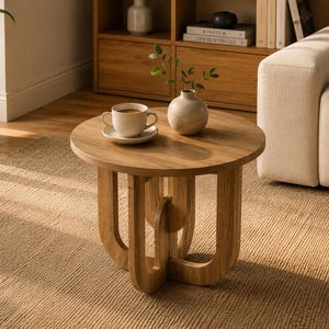 Puede incluir: Una mesa auxiliar redonda de madera con acabado marrón claro y una base entrelazada en forma de U. La superficie sostiene una taza y un plato de cerámica blanca con café, junto a un pequeño jarrón de cerámica beige con una rama verde.