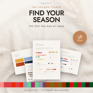 Guía de análisis de color estacional / Encuentra tu color ideal en casa / 12 paletas de colores para cada estación / PDF de 38 páginas + 12 fondos de pantalla para móvil