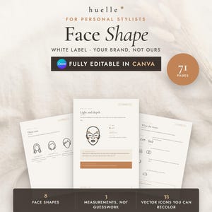May include: A digital guide for personal stylists titled Face Shape, featuring 71 editable pages in Canva. The document includes sections on light and depth, face shapes, and accessories, with vector icons, text, and diagrams on a white background.