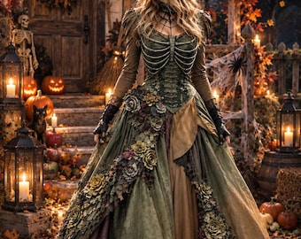 Robe longue gothique de sorcière, imprimé squelette et roses, manches longues, costume de cosplay