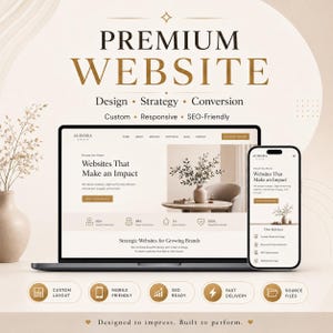 May include: A laptop and smartphone displaying a website for Aurora Studio with the text Premium Website, Design, Strategy, Conversion, Custom, Responsive, SEO-Friendly, and Designed to impress. Built to perform, featuring a neutral color palette.