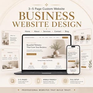 Puede incluir: Una visualización digital de un diseño de sitio web empresarial de 3 a 5 páginas con un portátil y un teléfono inteligente que muestran una interfaz de tonos neutros con el texto "Business Website Design" y "Elevate Studios".