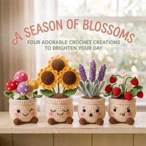 Crochet Potted Plant Pattern Bundle, 4 in 1 Kawaii Amigurumi Flower Pot PDF, Sunflower Lavender Strawberry Mushroom Plants, Desk Decor DIY