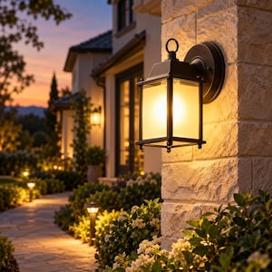 May include: A black outdoor wall lantern with a rectangular frame and frosted glass panels, mounted on a light-coloured stone pillar. The fixture emits a warm, glowing light, illuminating the surrounding exterior space at dusk.