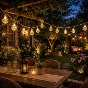 May include: A string of round, clear globe lights with warm yellow illumination suspended above a wooden outdoor dining table. The table features a glass vase with white flowers, a black metal lantern with a candle, and a small potted plant.