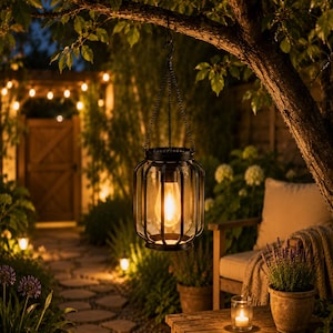 May include: A black metal lantern with a cylindrical glass insert and a warm glowing light bulb inside. The lantern is suspended by a thin metal chain from a tree branch, featuring a cage-like frame design that surrounds the central light source.