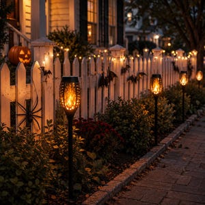 May include: A series of black solar-powered garden stake lights featuring a flickering flame effect. The lights are positioned along a white picket fence decorated with string lights, black bat silhouettes, and a large spider decoration.