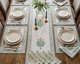 Mint Green Medallion Hand Printed Table Linen Set, Boho Dining 13 Pc Set