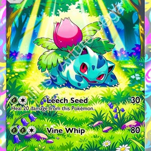 Könnte beinhalten: Eine Sammelkarte mit der Figur Ivysaur, einem türkisfarbenen Wesen mit einer rosa Knospe auf dem Rücken, in einem sonnendurchfluteten Wald. Die Karte zeigt den Namen Ivysaur, 110 KP sowie die Attacken Leech Seed und Vine Whip mit Text.