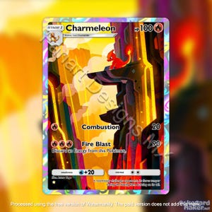 Puede incluir: Una carta coleccionable de Charmeleon que muestra a una criatura de tipo fuego roja sobre un acantilado rocoso. La carta presenta 100 HP, los ataques Combustion y Fire Blast, una debilidad al agua de +20 y un coste de retirada de dos energías.