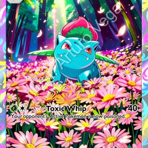 Könnte beinhalten: Eine Sammelkarte mit der Figur Ivysaur, einem blauen Wesen mit einer rosa Knospe auf dem Rücken, das in einem Feld aus rosa Blumen steht. Die Karte zeigt den Text Ivysaur, HP 110, Toxic Whip und eine Beschreibung der Fähigkeiten.
