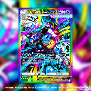 May include: A Mega Blastoise EX trading card with a rainbow holographic border. The card features a blue Blastoise character with water cannons, 230 HP, and the Triple Bombardment attack text. The background is a vibrant, colorful explosion of light.