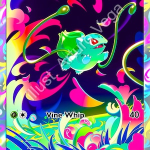 May include: A Bulbasaur trading card with 80 HP, featuring a green creature with a bulb on its back. The card displays the text Bulbasaur, Vine Whip, 40, and a description of a seed growing. The background is a vibrant, multi-colored abstract design.