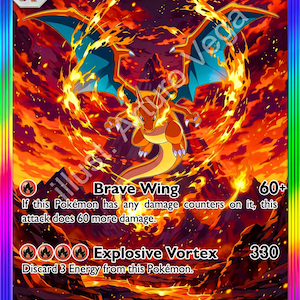 Puede incluir: Una carta coleccionable Charizard ex con 330 HP, que muestra una criatura naranja similar a un dragón con alas azules rodeada de llamas. La carta presenta los ataques Brave Wing y Explosive Vortex, con un borde arcoíris y fondo volcánico.