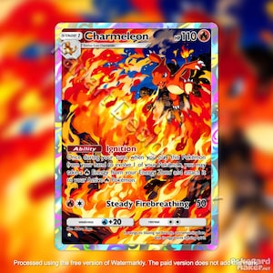 Puede incluir: Una carta coleccionable de Charmeleon con una ilustración vibrante de la criatura naranja rodeada de intensas llamas amarillas y rojas. La carta muestra 110 HP, la habilidad Ignition y el ataque Steady Firebreathing con 50 de daño.