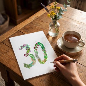 30th Birthday Card, Hand-Drawn Botanical Number 30, Floral Age Card - Thirty - Into Her Own image 4